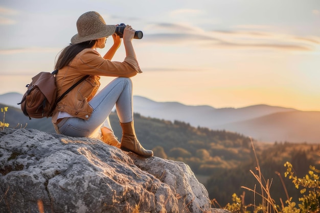 Woman with binoculars sitting on mountain peak in sunset One woman female hiker sitting on mountain