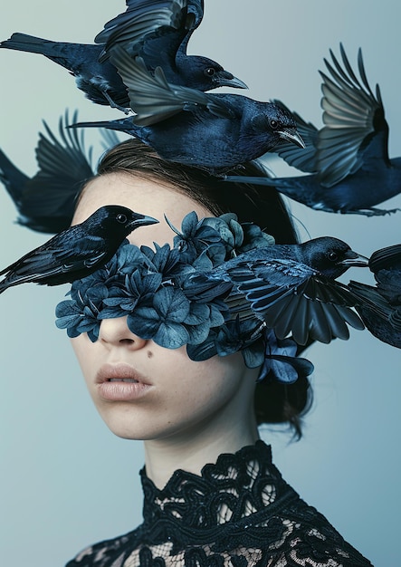 Photo a woman with a bird on her face is surrounded by birds