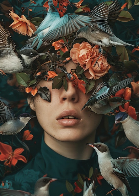 Photo a woman with a bird on her head is covered by flowers