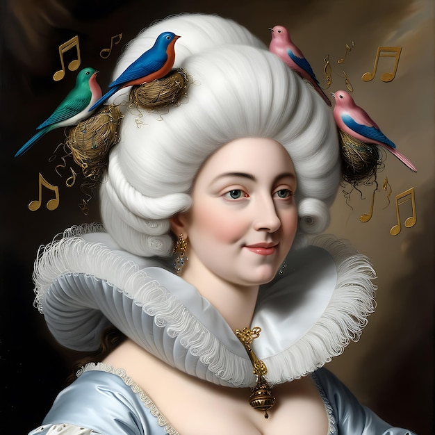 a woman with a bird on her head is wearing a white hat with a bird on it