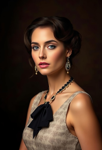 a woman with a black bow and gold necklace is posing for a photo