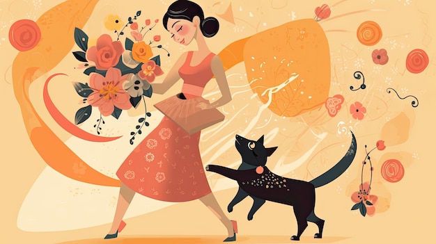 A woman with a black cat and a black cat in her hands.