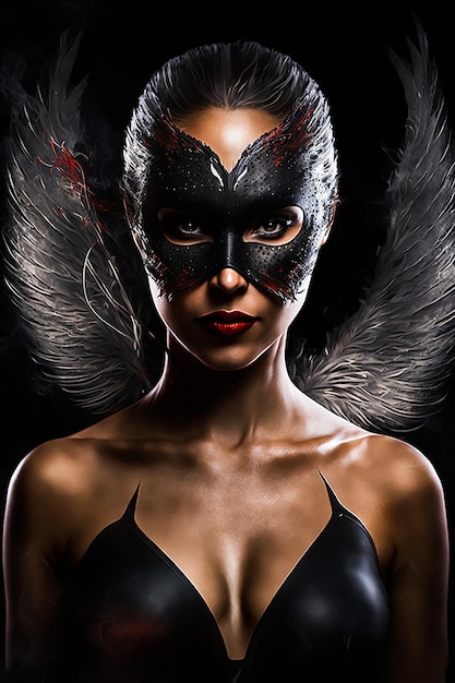 A woman with a black cat mask on her face is standing in the dark.