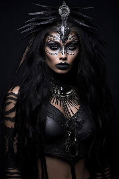 a woman with black face paint and feathers