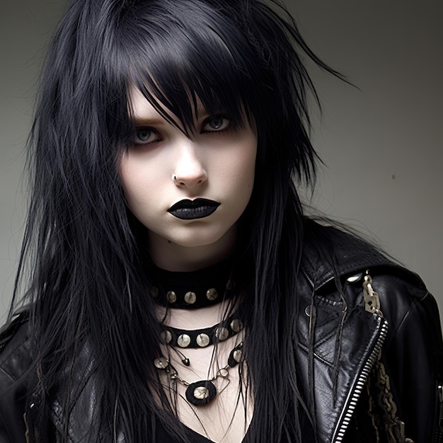 a woman with black hair and black lipstick