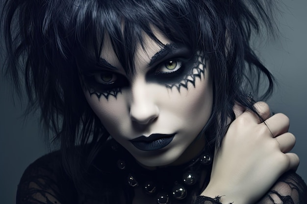 a woman with black hair and black makeup