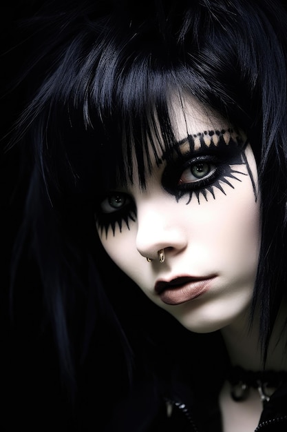 a woman with black hair and black makeup