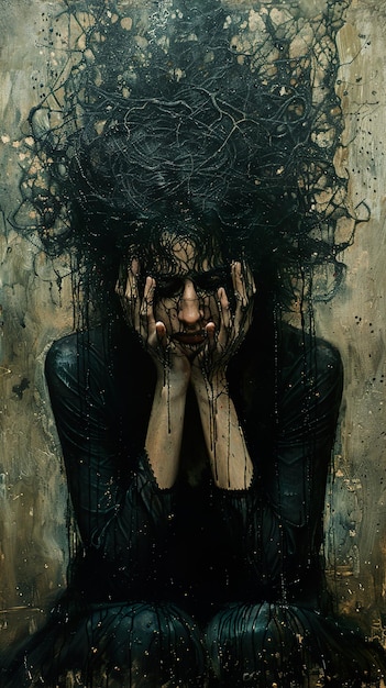 a woman with black hair and a black wig is covered in black hair and face covered in black paint