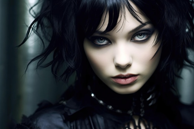 a woman with black hair and blue eyes