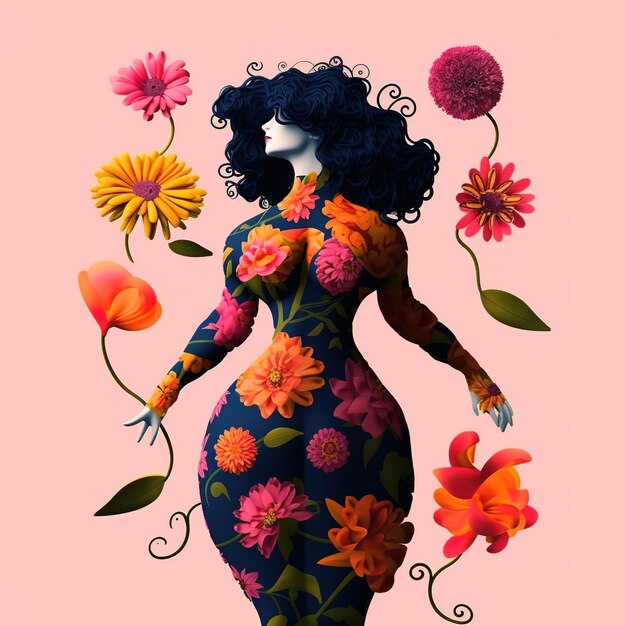 A woman with black hair and a flower on her dress