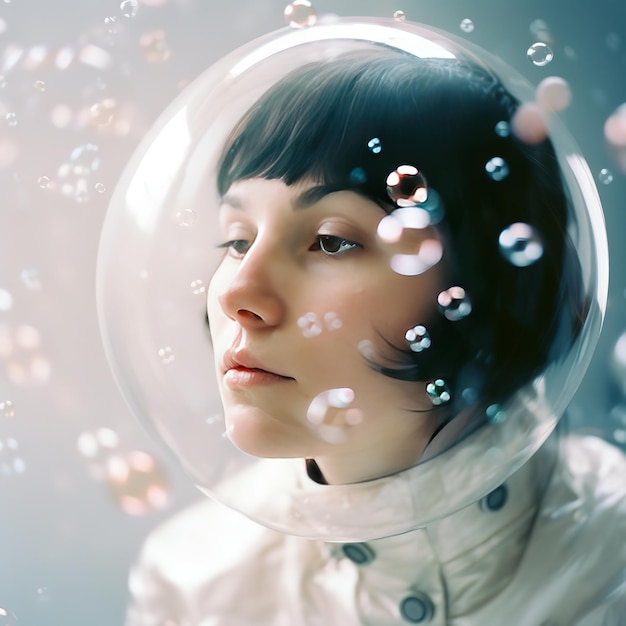 A woman with black hair and a helmet that says the word on it