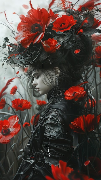 a woman with a black hair and red flowers