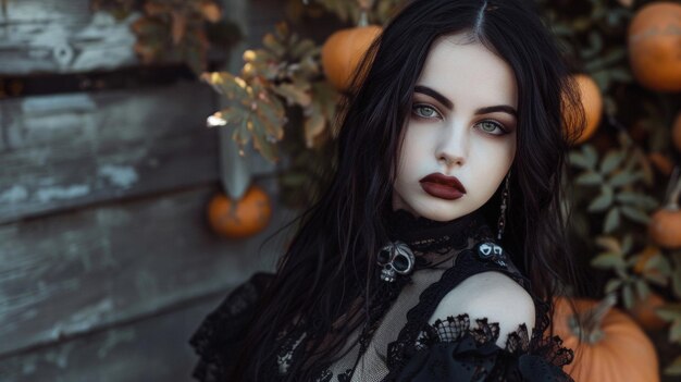 Photo a woman with black hair and red lips is posing in front of a decorated tree