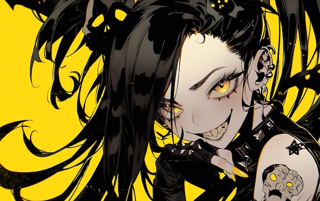 a woman with black hair and yellow eyes is holding a knife