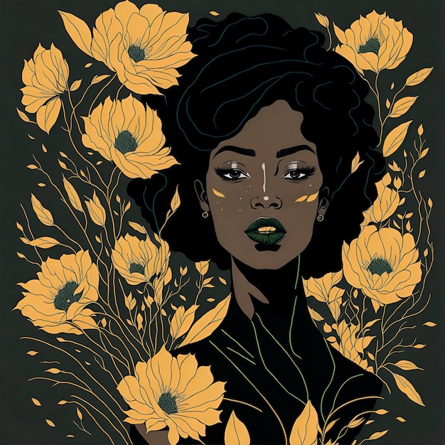 A woman with a black hair and yellow flowers is surrounded by yellow daisies.