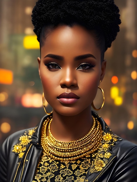 A woman with a black hairdo and a gold necklace