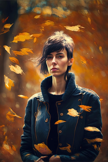 A woman with a black jacket and a black jacket with yellow leaves on it