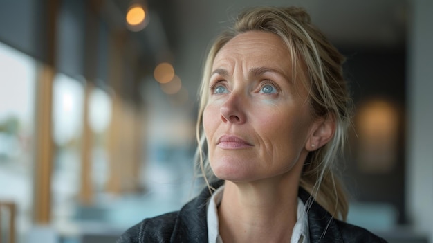 a woman with a black jacket looking up