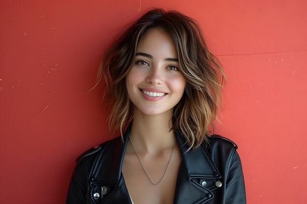 A woman with a black leather jacket and a necklace is smiling