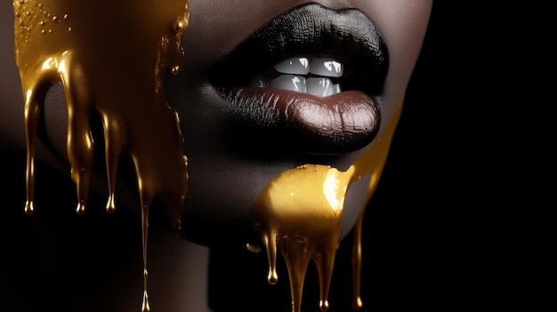 A woman with black lips and gold paint on her lips