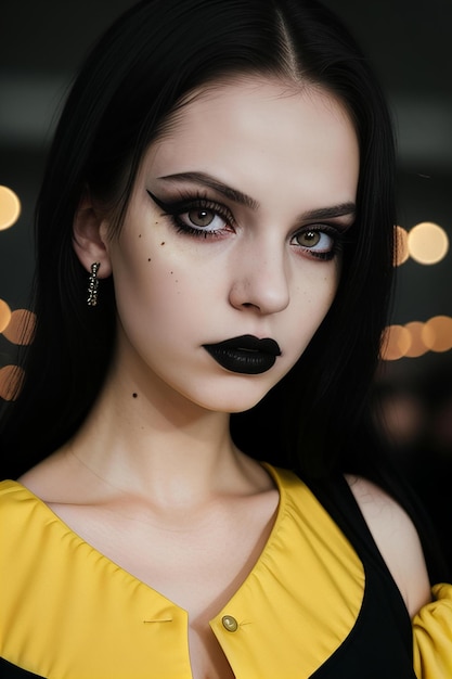 a woman with black lipstick and black lipstick is posing with a yellow dress