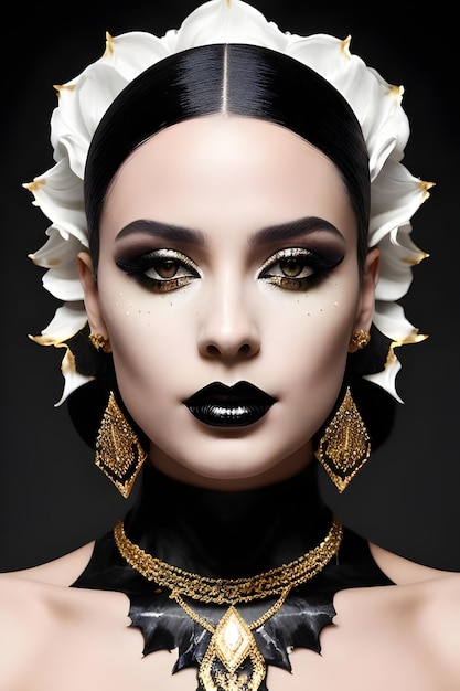 A woman with black makeup and gold beads on her face