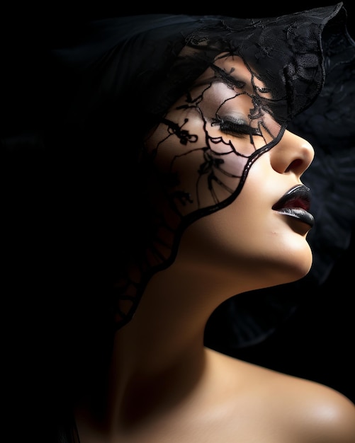 a woman with black makeup and lace on her face