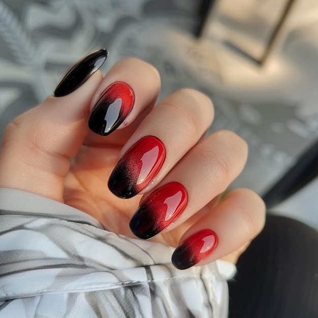 a woman with black nails that has a black and red design on the nails