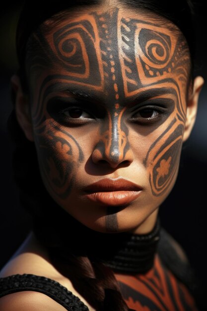 a woman with black and orange face paint