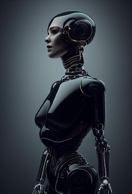 A woman with a black robot head and a silver helmet.