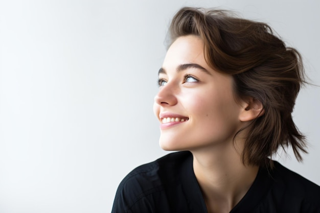 a woman with a black shirt is looking up