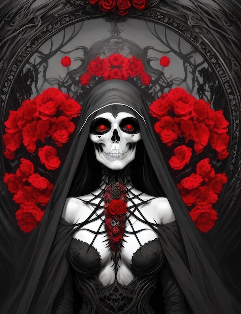 A woman with a black skull with a black dress and red flowers in her hair.