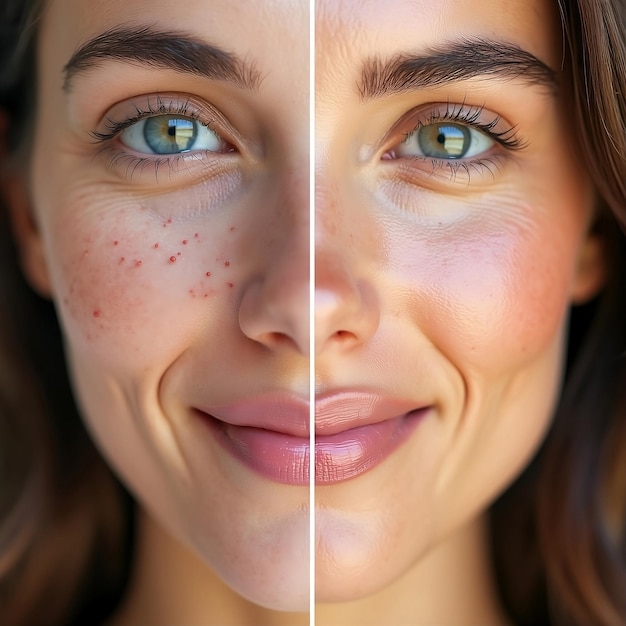 Woman with a black spot on her face is showing her face with a freckle acne