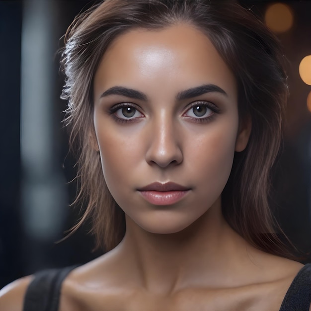 a woman with a black strap on her shoulder