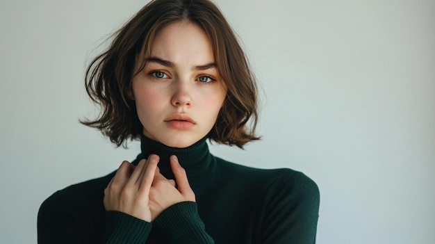 a woman with a black turtleneck and a green sweater