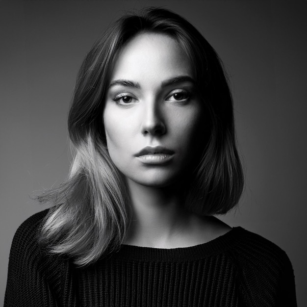 a woman with a black and white face and a black sweater with a white logo on the front