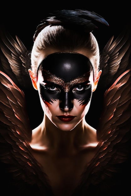 A woman with black wings and a black feathered face with a black feather on her face.