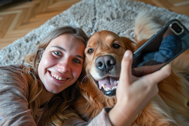 Photo woman with blond hair snuggling to furry golden retriever capturing memories with selfie