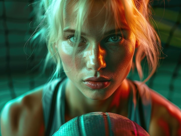 Woman with blonde hair and basketball in her hand