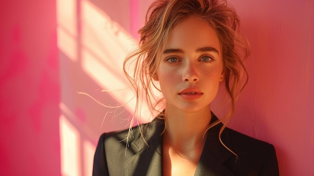 a woman with blonde hair and a black blazer is posing in front of a pink wall