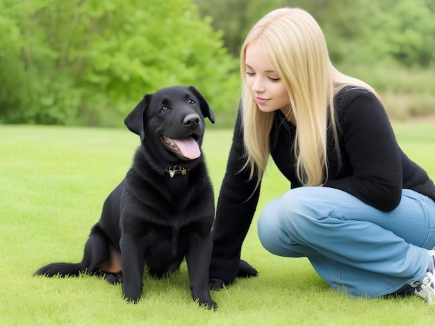 a woman with blonde hair and a black dog is posing for a photo