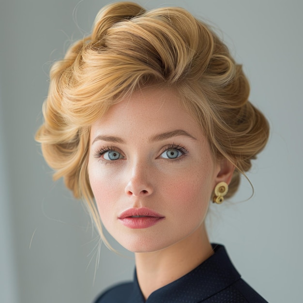 Photo a woman with blonde hair and a black shirt with gold earrings