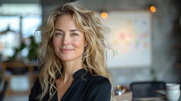 a woman with blonde hair and a black shirt