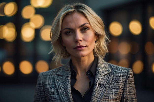 a woman with blonde hair and a black shirt