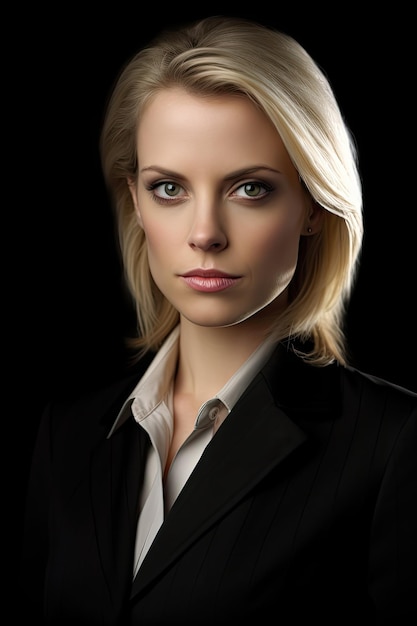 A woman with blonde hair and a black suit is posing for a portrait.