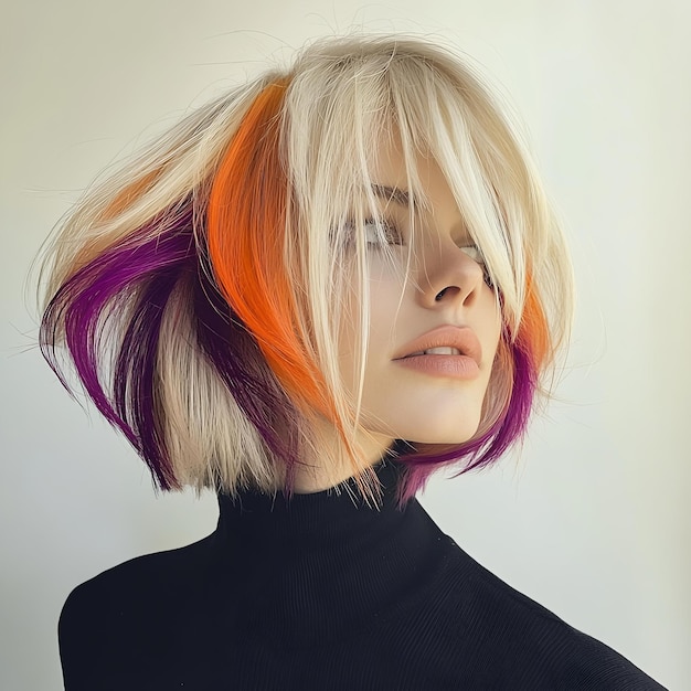 Photo a woman with blonde hair and a black top with purple and orange highlights