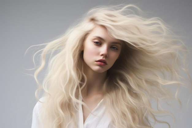 a woman with blonde hair blowing in the wind