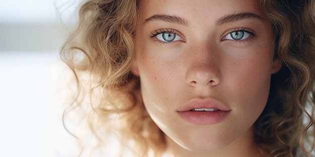 Woman with blonde hair and blue eyes is smiling