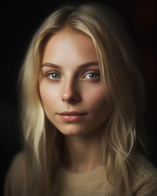 A woman with blonde hair and blue eyes looks at the camera.