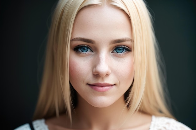 A woman with blonde hair and blue eyes looks into the camera.